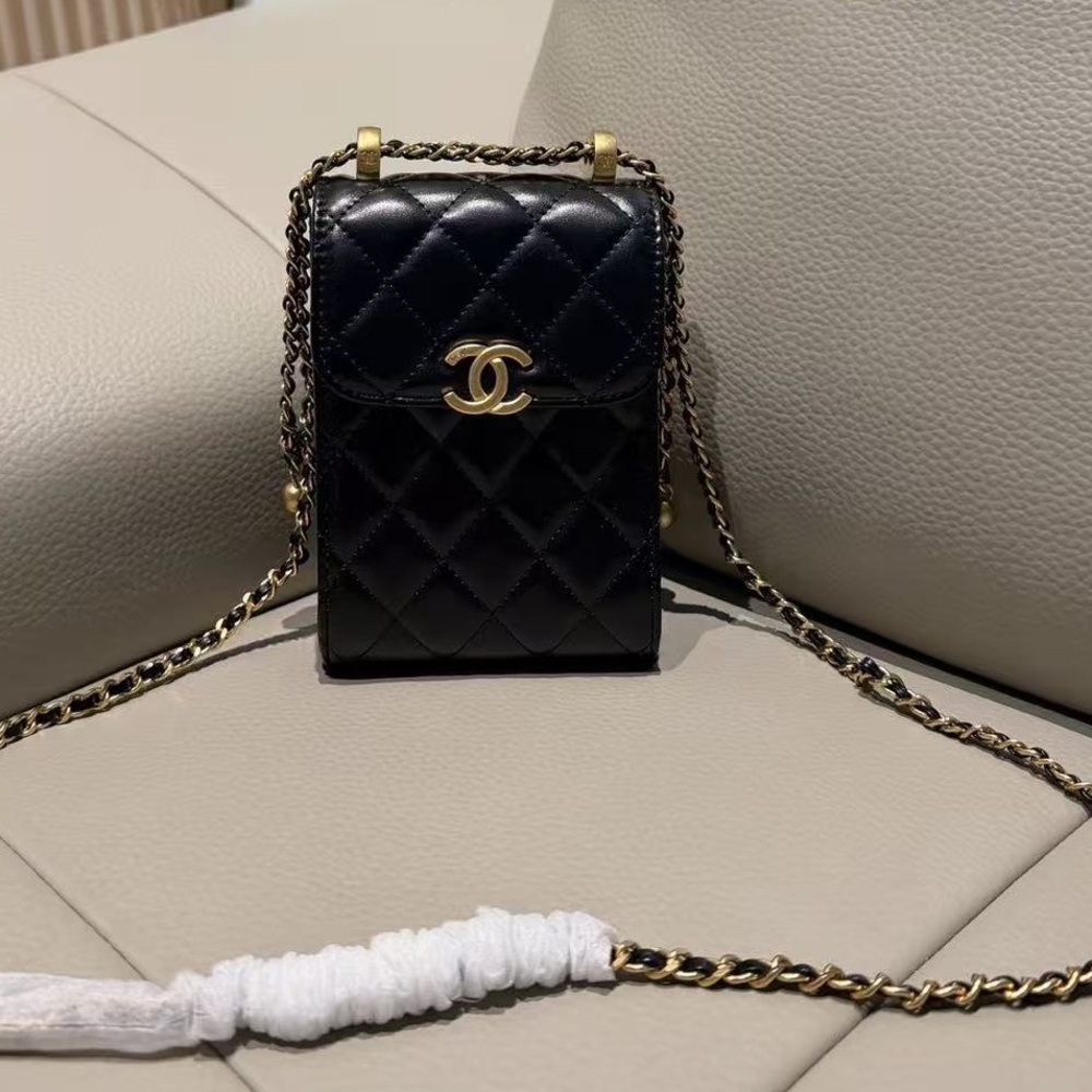Chanel Black Quilted Phone Case Crossbody Bag Gold CC Chain Strap